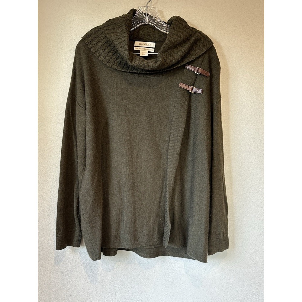 Ellen Tracy Green‎ Sweater Cable Cowl Neck Buckles Merino Wool .SZ: Large